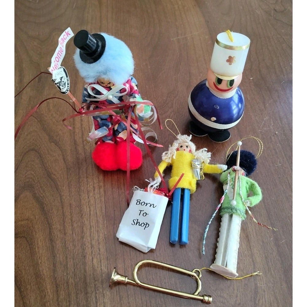 Vintage Christmas Ornaments Set Of 5 Nutcracker Clown Shopper Clothespins